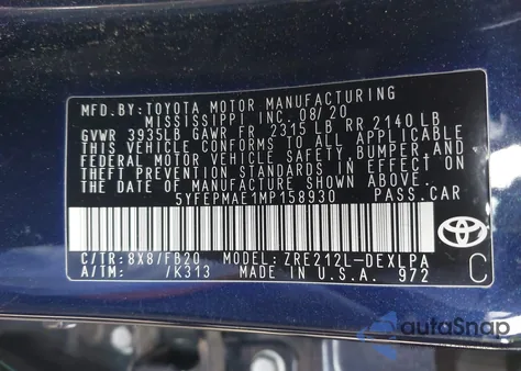 2021 Toyota Corolla Le z USA, uszkodzony, nr VIN 5YFEPMAE1MP158930